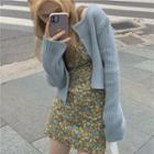 Ribbed Knit Cardigan / Spaghetti Strap Flower Print Mini Sheath Dress