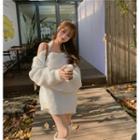 Cold Shoulder Fluffy Sweater White - One Size