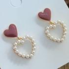 Faux Pearl Heart Earring 1 Pair - 925 Silver Earrings - Pink & White - One Size