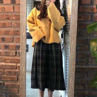 Collared Long-sleeve Midi A-line Plaid Dress / Letter Embroidered Pullover