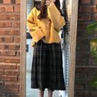 Collared Long-sleeve Midi A-line Plaid Dress / Letter Embroidered Pullover