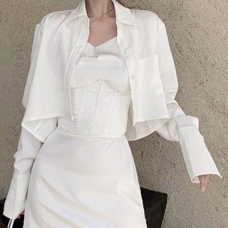 Plain Long-sleeve Cropped Shirt White - One Size