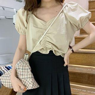 V-neck Short-sleeve Blouse Almond - One Size