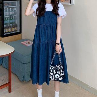 Set: Spaghetti-strap Midi A-line Denim Dress + Bucket Hat Dress - Blue - One Size / Bucket Hat - Blue - One Size