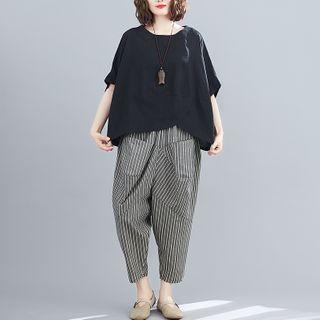 Set: Short-sleeve Plain T-shirt + Striped Harem Pants