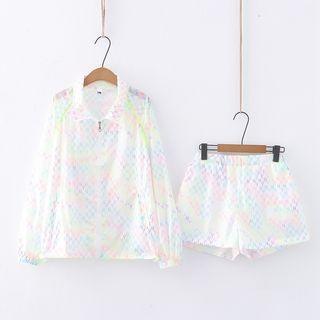 Set: Lettering Zip-up Jacket + Wide Leg Shorts