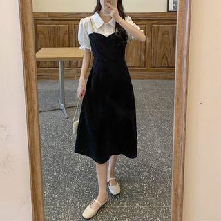 Puff-sleeve Mock Two-piece Shirt Panel Dress