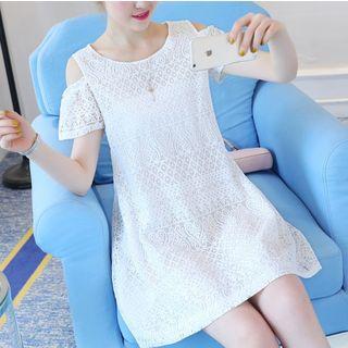 Short-sleeve Cold Shoulder Lace A-line Mini Dress