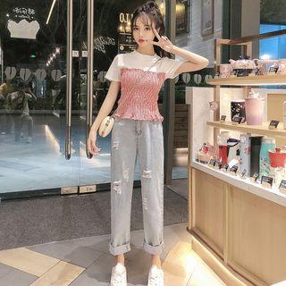 Short-sleeve Plaid Panel T-shirt / Harem Jeans