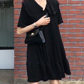 Plain V-neck Loose-fit T-shirt Dress Black - One Size