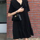 Plain V-neck Loose-fit T-shirt Dress Black - One Size