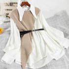 Set: Long-sleeve Mini Shirt Dress + Knit Vest