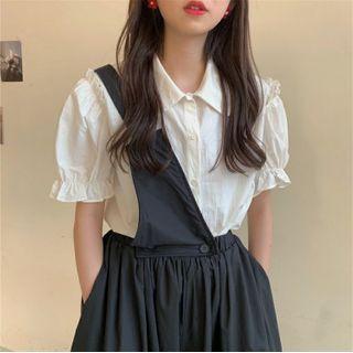 Ruffle Trim Puff-sleeve Blouse / Single-strap Wide-leg Cropped Jumper Pants
