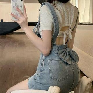 Bow Denim Mini Overall Dress
