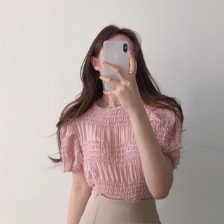 Balloon-sleeve Shirred Chiffon Blouse White - One Size