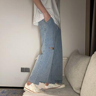 Straight Cut Asymmetric Ripped Jeans