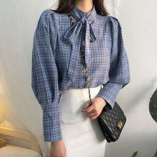 Long-sleeve Tie-neck Plaid Blouse