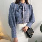 Long-sleeve Tie-neck Plaid Blouse