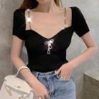 Short-sleeve Chain-accent Rhinestone Knit Top