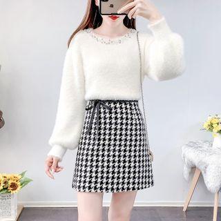 Set: Beaded Knit Top + Houndstooth Skirt