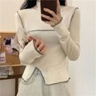 Long-sleeve Mock-neck Contrast Stitching Top