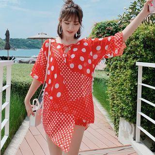 Set Of 3: Dotted Bikini Top + Swim Bottom + Cover-up