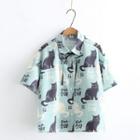 Cat Print Chinese Character Elbow-sleeve Shirt Green - One Size