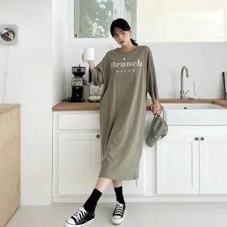 3/4-sleeve Letter Long T-shirtdress
