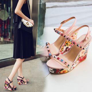 Floral Print Genuine Leather Wedge Sandals