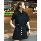 Embroidered Short-sleeve Polo Shirt / High Waist A-line Skirt