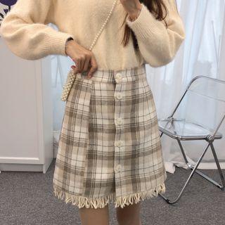 Fringed Plaid Mini Skirt