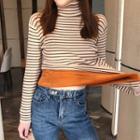 Fleece-lined Turtleneck Long Sleeve Striped Knit Top