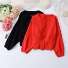 Balloon-sleeve Cardigan Red - One Size