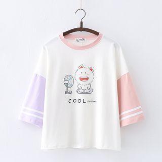 Elbow-sleeve Cat Print Color Block T-shirt
