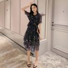 Short-sleeve Floral Chiffon A-line Tiered Dress