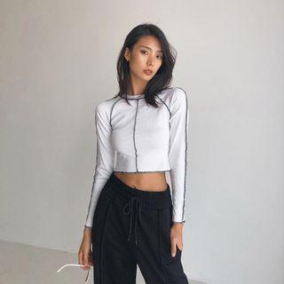 Mock-neck Color-block Long-sleeve Top