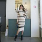 Turtleneck Stripe Midi Bodycon Dress