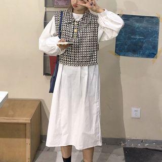 Balloon-sleeve Midi A-line Dress / Patterned Knit Vest