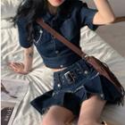 Set: Puff-sleeve Crop Denim Blouse + Pleated A-line Skirt