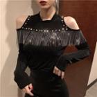 Cold-shoulder Metal Fringe Rhinestone T-shirt