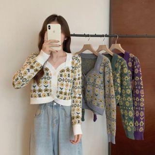 Long-sleeve Button-up Jacquard Knit Top