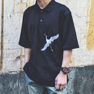 Crane Embroidered Elbow-sleeve Polo Shirt