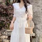 Lace-trim Short-sleeve Dress White - One Size