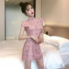 Traditional Chinese Cap-sleeve Lace Slit Mini Sheath Dress