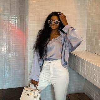Set: Spaghetti-strap Lace-detail Top + Cropped Blouse