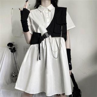 Short-sleeve A-line Shirtdress / Buckled Chain Vest