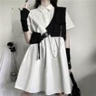 Short-sleeve A-line Shirtdress / Buckled Chain Vest