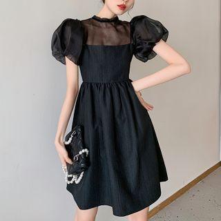 Short-sleeve Mesh Blouse / Spaghetti Strap Midi Dress