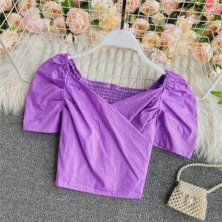 Wrapped Short-sleeve Cropped Blouse