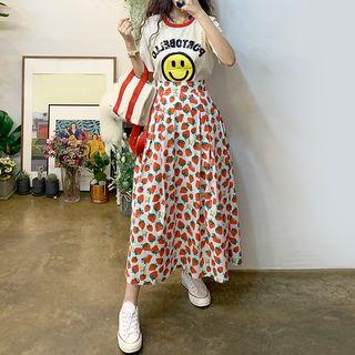 Strawberry Print A-line Midi Skirt White - One Size